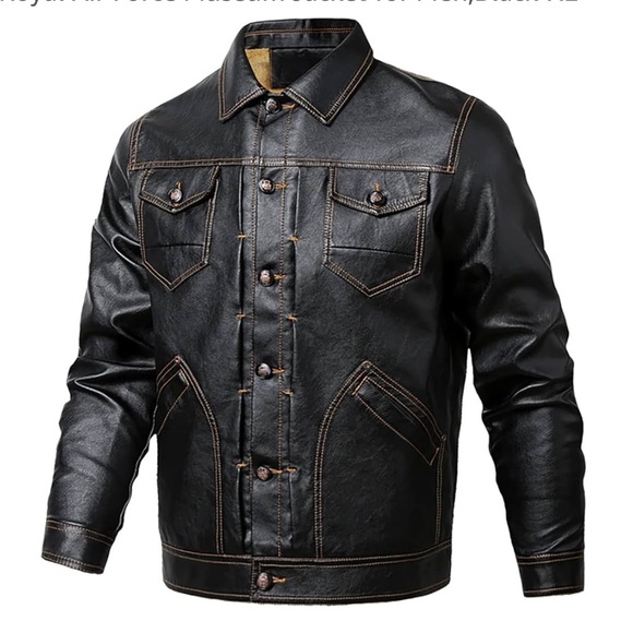 NWOT Mens Classic Stand Collar Bomber Jacket Vegan Leather Black Button Sz XL - Picture 2 of 14